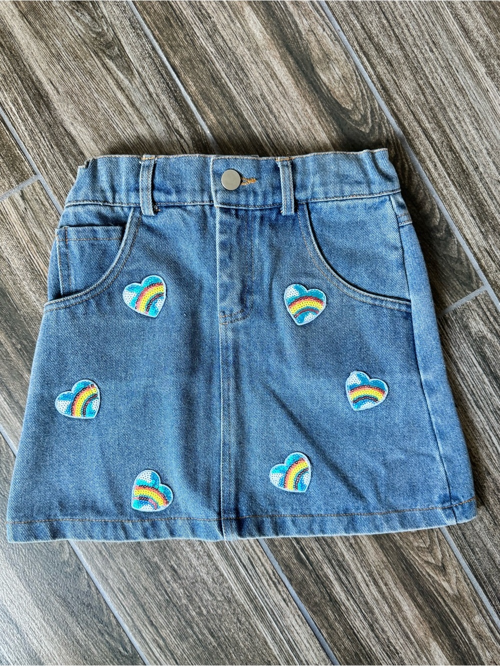 Blue Denim Kids Skirt with Rainbow Heart Patches